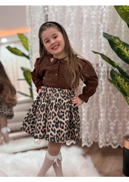 Kız Çocuk Nakış ve Leopar Detaylı Elbise