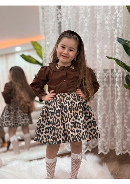 Kız Çocuk Nakış ve Leopar Detaylı Elbise