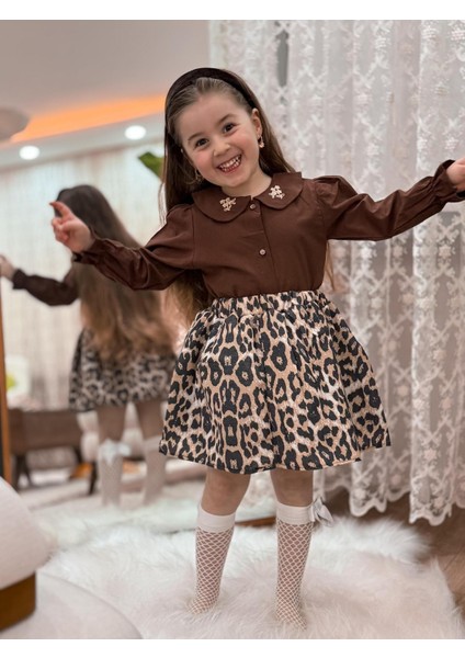 Kız Çocuk Nakış ve Leopar Detaylı Elbise