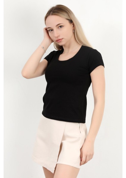 Kadın Kare Yaka Slim Fit Basic T-Shirt Siyah - 925062