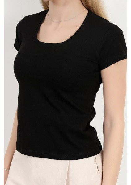 Kadın Kare Yaka Slim Fit Basic T-Shirt Siyah - 925062 fırsatları