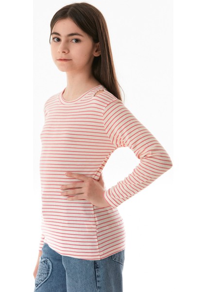 Omzu Pencere Detaylı Çizgili Kız Çocuk Body