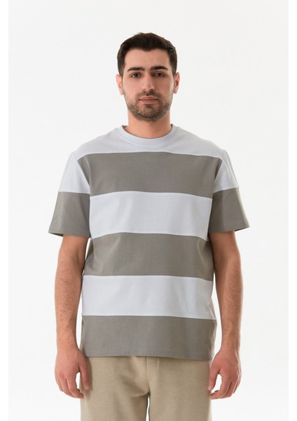 Şeritli Bisiklet Yaka Oversize Tişört