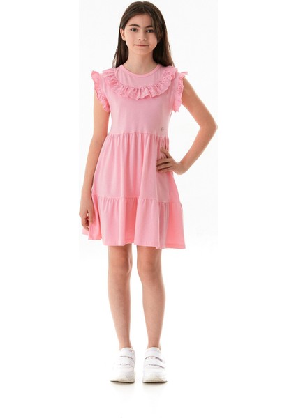 Yakası Güpürlü Kız Çocuk Elbise