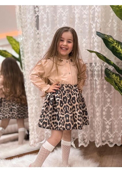 Kız Çocuk Nakış ve Leopar Detaylı Elbise
