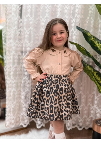 Kız Çocuk Nakış ve Leopar Detaylı Elbise