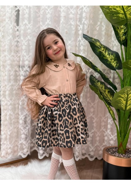 Kız Çocuk Nakış ve Leopar Detaylı Elbise