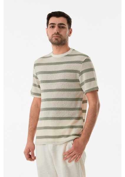 Çizgili Ajurlu Bisiklet Yaka Triko Tişört