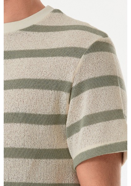 Çizgili Ajurlu Bisiklet Yaka Triko Tişört indirimleri