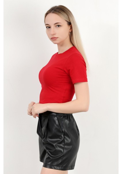 Kadın Bisiklet Yaka Kolu Bedende Basic T-Shirt Kırmızı - 925063
