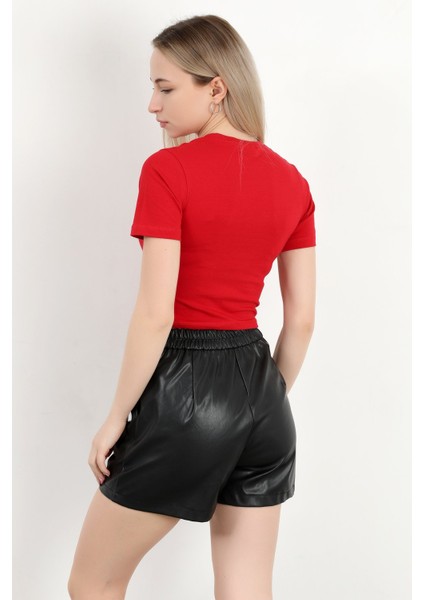 Kadın Bisiklet Yaka Kolu Bedende Basic T-Shirt Kırmızı - 925063 modelleri