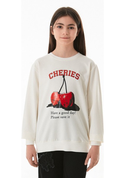 Kiraz Baskılı Bisiklet Yaka Çocuk Sweatshirt