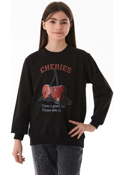 Kiraz Baskılı Bisiklet Yaka Çocuk Sweatshirt modelleri
