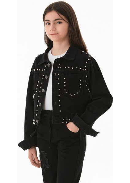 Incili Çift Cepli Kız Çocuk Crop Kot Ceket