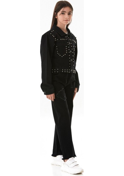 Incili Çift Cepli Kız Çocuk Crop Kot Ceket modelleri