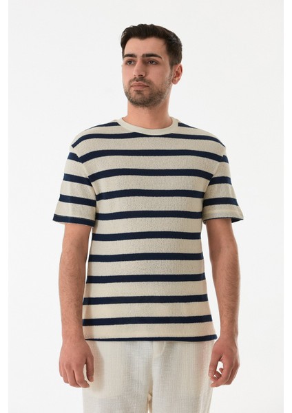 Çizgili Ajurlu Bisiklet Yaka Triko Tişört