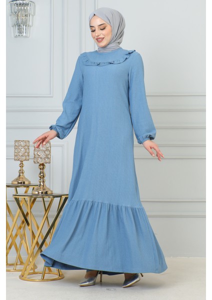 Kolu Lastikli Fırfır Detay Tesettür ELBISE-3161 Açık Mavi