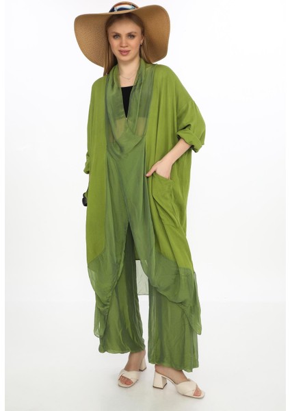 Italyan Ipek Detaylı Oversize Kap Bluz- Wes Pantolon Takım modelleri