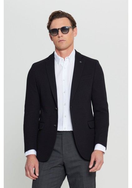 360 Her Yöne Esneyen Pamuklu Esnek Slim Fit Dar Kesim Mono Yaka Armürlü Blazer Ceket