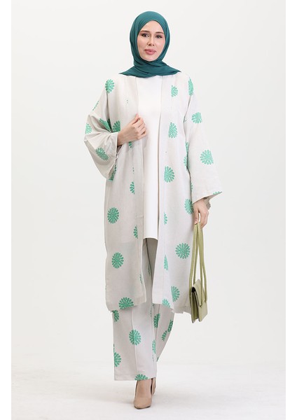 Desenli Kimono Takım 14935-04 Krem Yeşil