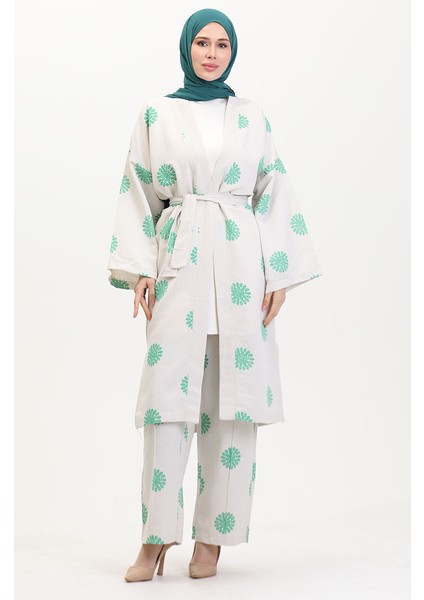 Desenli Kimono Takım 14935-04 Krem Yeşil fiyatları