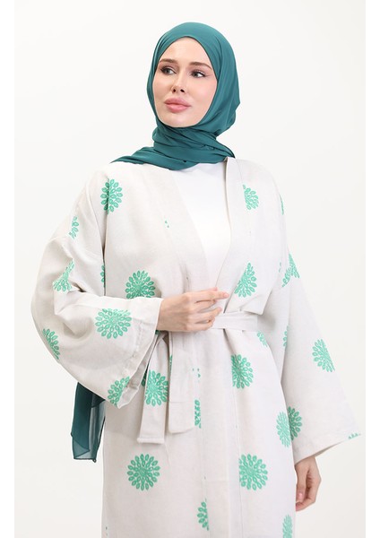 Desenli Kimono Takım 14935-04 Krem Yeşil modelleri