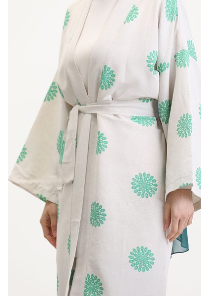 Desenli Kimono Takım 14935-04 Krem Yeşil fırsatları