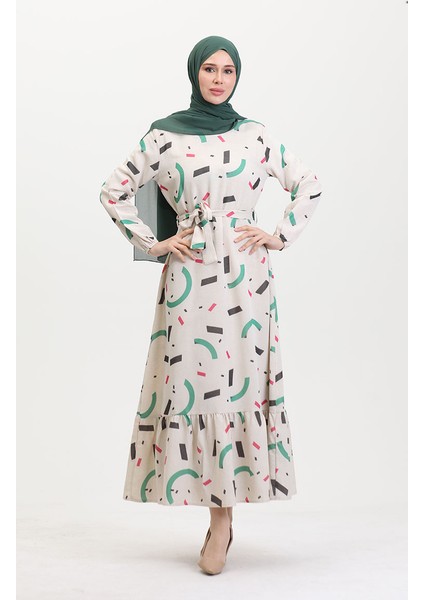 Büyük Beden Desenli Keten Elbise 91817-01 Krem Yeşil