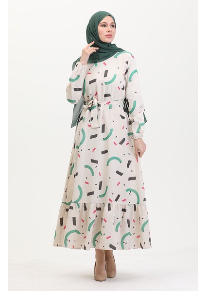 Büyük Beden Desenli Keten Elbise 91817-01 Krem Yeşil fiyatları