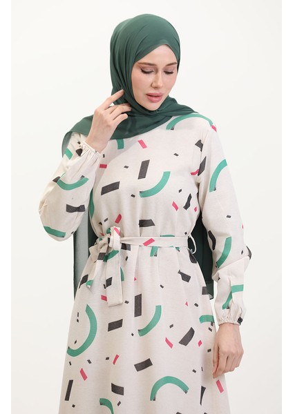 Büyük Beden Desenli Keten Elbise 91817-01 Krem Yeşil modelleri