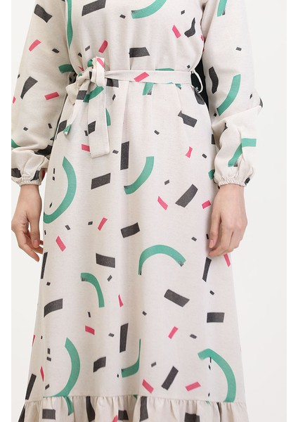 Büyük Beden Desenli Keten Elbise 91817-01 Krem Yeşil fırsatları