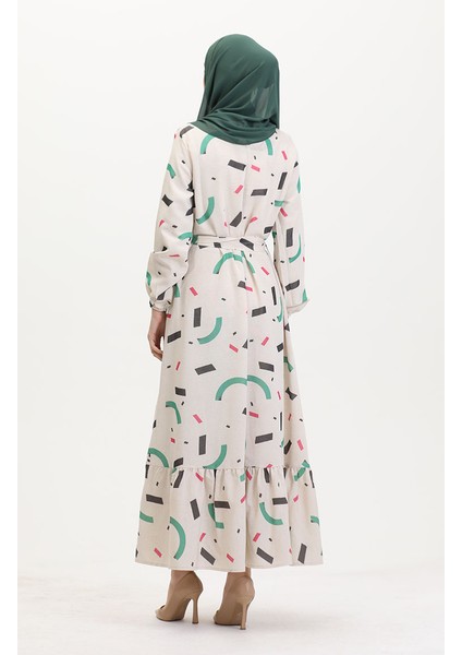 Büyük Beden Desenli Keten Elbise 91817-01 Krem Yeşil indirimleri