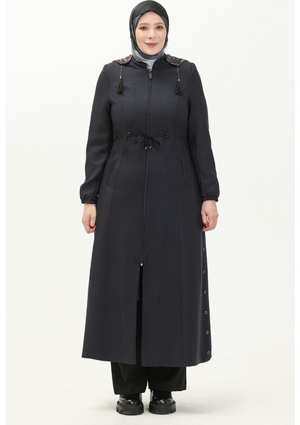 Büyük Beden Kapüşonlu Pardesü 0471-04 Lacivert