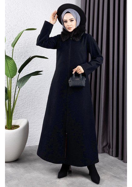 Kürk Yaka Kaşe Kaban 2060-03 Lacivert