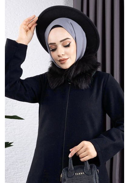 Kürk Yaka Kaşe Kaban 2060-03 Lacivert modelleri