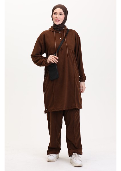 Kapüşonlu Tunik Pantolon Ikili Takım 0567-04 Kahverengi