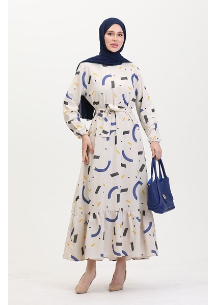 Büyük Beden Desenli Keten Elbise 91817-04 Krem Indigo