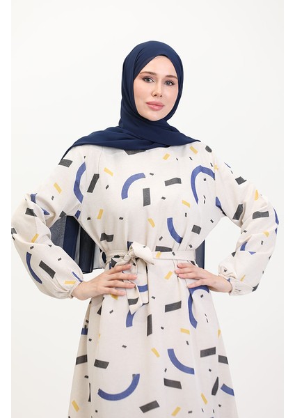 Büyük Beden Desenli Keten Elbise 91817-04 Krem Indigo modelleri