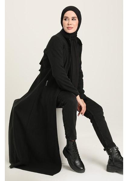 Fermuarlı Kaşe Kaban Kadınlar İçin Şık Siyah Tasarım Uzun Dış Giyim