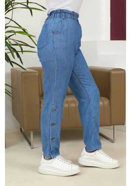 Paçası Düğmeli Düz Kot Pantolon 30131-02 Kot Mavi