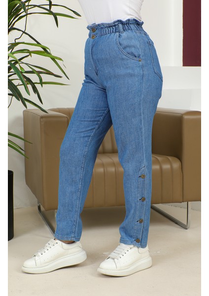 Paçası Düğmeli Düz Kot Pantolon 30131-02 Kot Mavi fiyatları