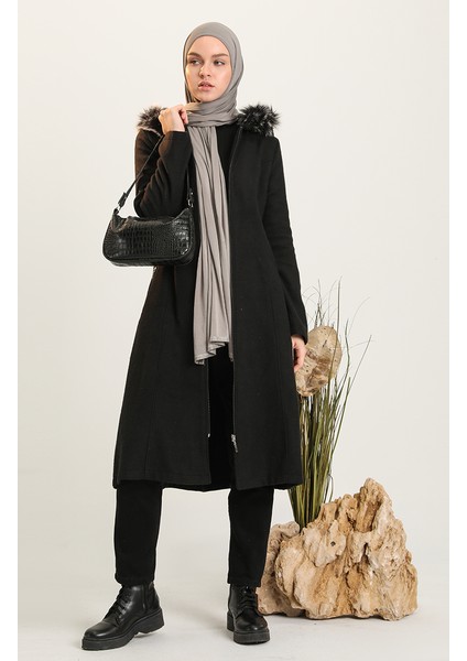 Kürklü Kaşe Kaban 612980-01 Siyah