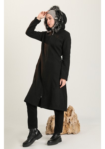 Kürklü Kaşe Kaban 612980-01 Siyah