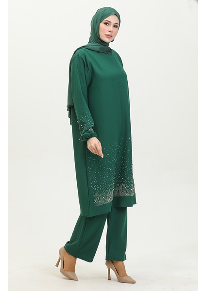 Taş Baskılı Araboy Abiye Tunik Pantolon Ikili Takım 0409-01 Zümrüt Yeşili modelleri