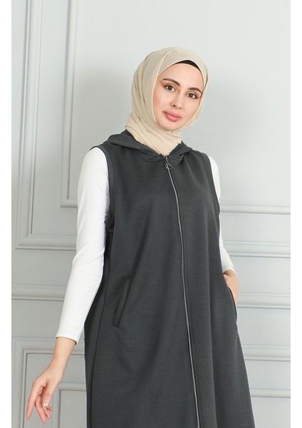 Fermuarlı Uzun Kapitone Yelek 5102-01 Füme