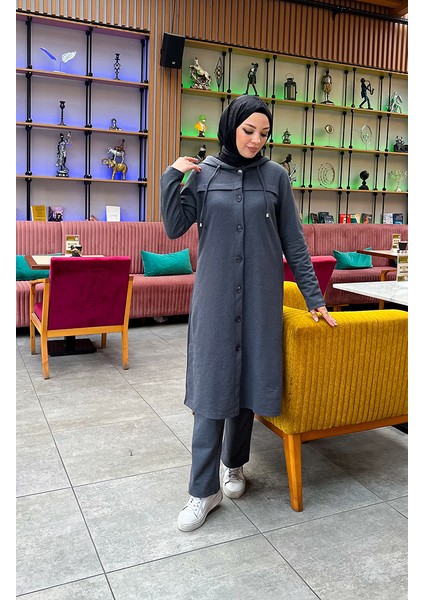 Düğmeli Kapüşonlu Eşofman Takım 3072-02 Antrasit