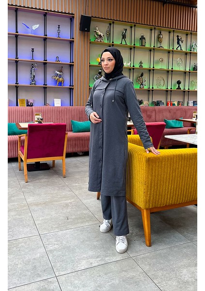 Düğmeli Kapüşonlu Eşofman Takım 3072-02 Antrasit modelleri