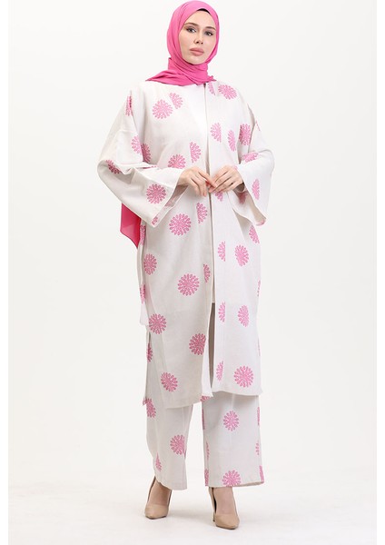 Desenli Kimono Takım 14935-01 Krem Gül Kurusu