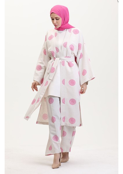 Desenli Kimono Takım 14935-01 Krem Gül Kurusu fiyatları