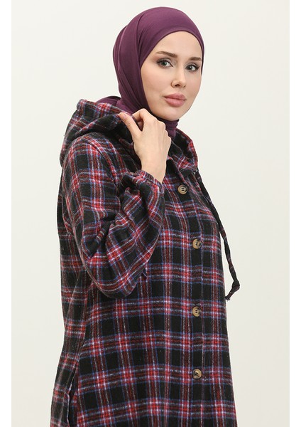 Ekose Desen Kapüşonlu Kap NZR001E-05 Siyah